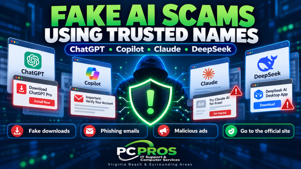 Fake AI scams using trusted names like ChatGPT, Copilot, Claude, and DeepSeek to trick users with phishing emails, malicious ads, and fake downloads.
