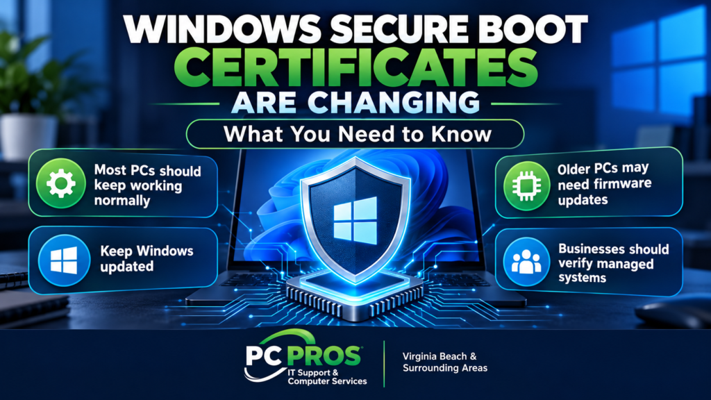 Windows Secure Boot certificates are changing, with guidance for keeping Windows updated, checking firmware, and verifying managed business PCs.